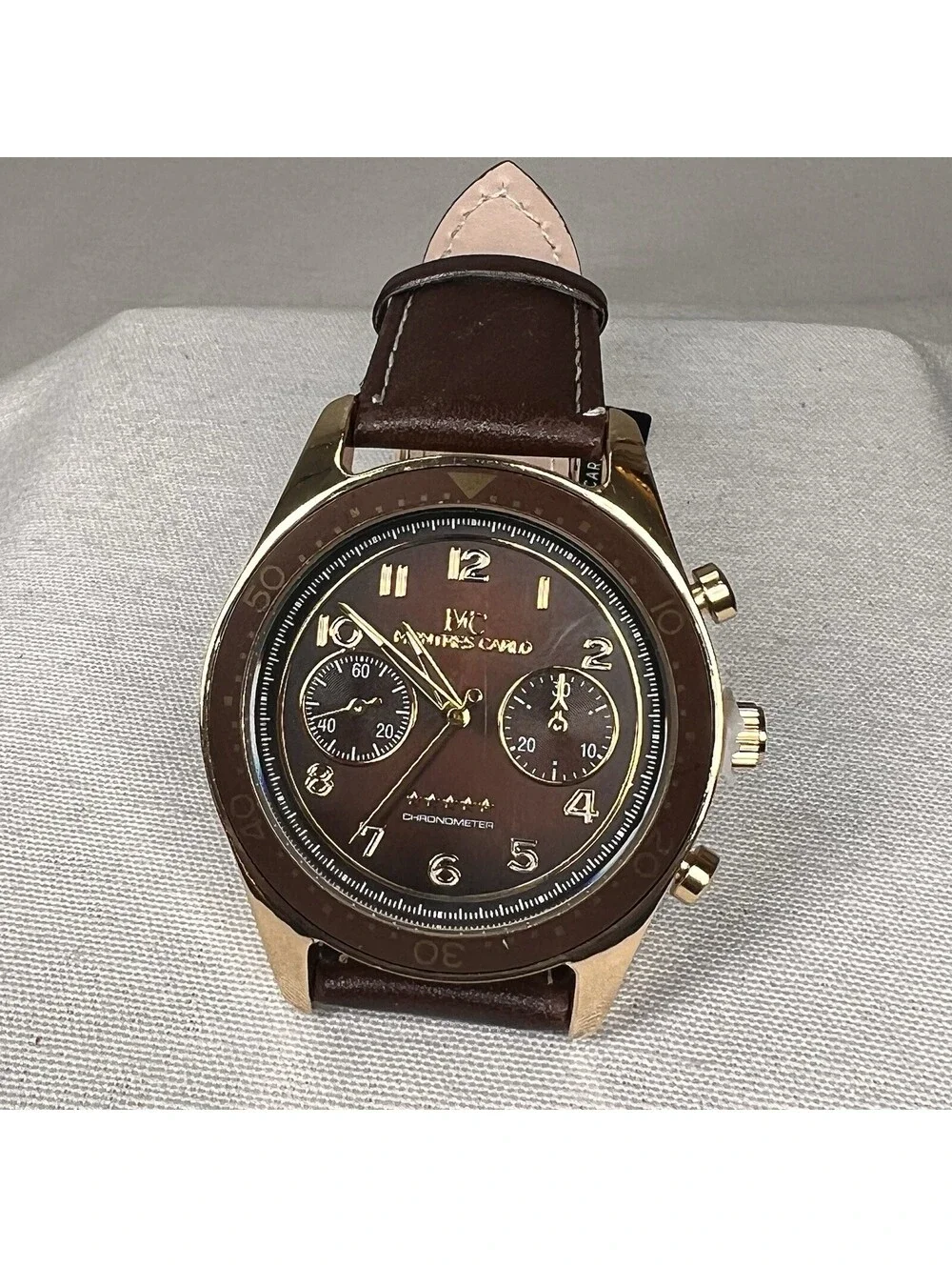 Montres Carlo Men's Chronograph Brown Dial Gold Case Faux Leather Band 46mm